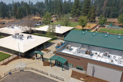 Aerial view of Paradise Ridge Elementary Cafeteria and classrooms
